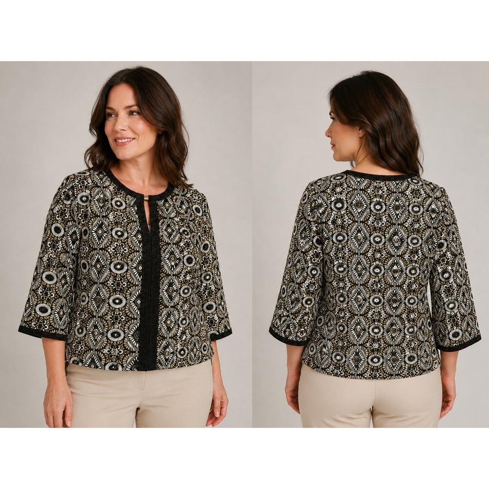 Alfred Dunner Women's Large Black Gold White Geometric Open Front Jacket 3/4...
